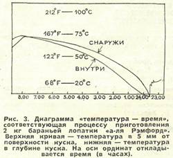 Диаграмма "температура-время", соответствующая прицессу приготовления 2 кг бараньей лопатки "а-ля Ремфорд"